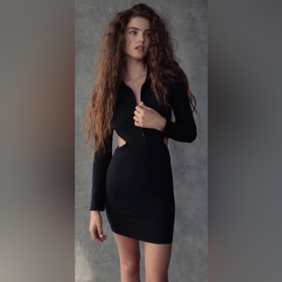 Urban Outfitters|Black Bodycon Ribbed Mini Dress w Collar & Side Cut-Out Detail• - Picture 1 of 13